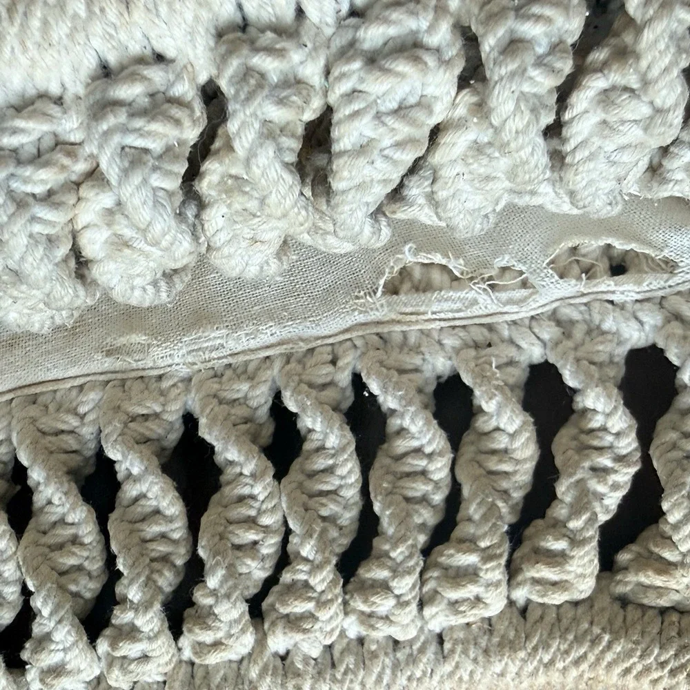 Hand Made Vintage 1970's‎  Macrame' Cream Color Sack Purse with Bamboo Handles